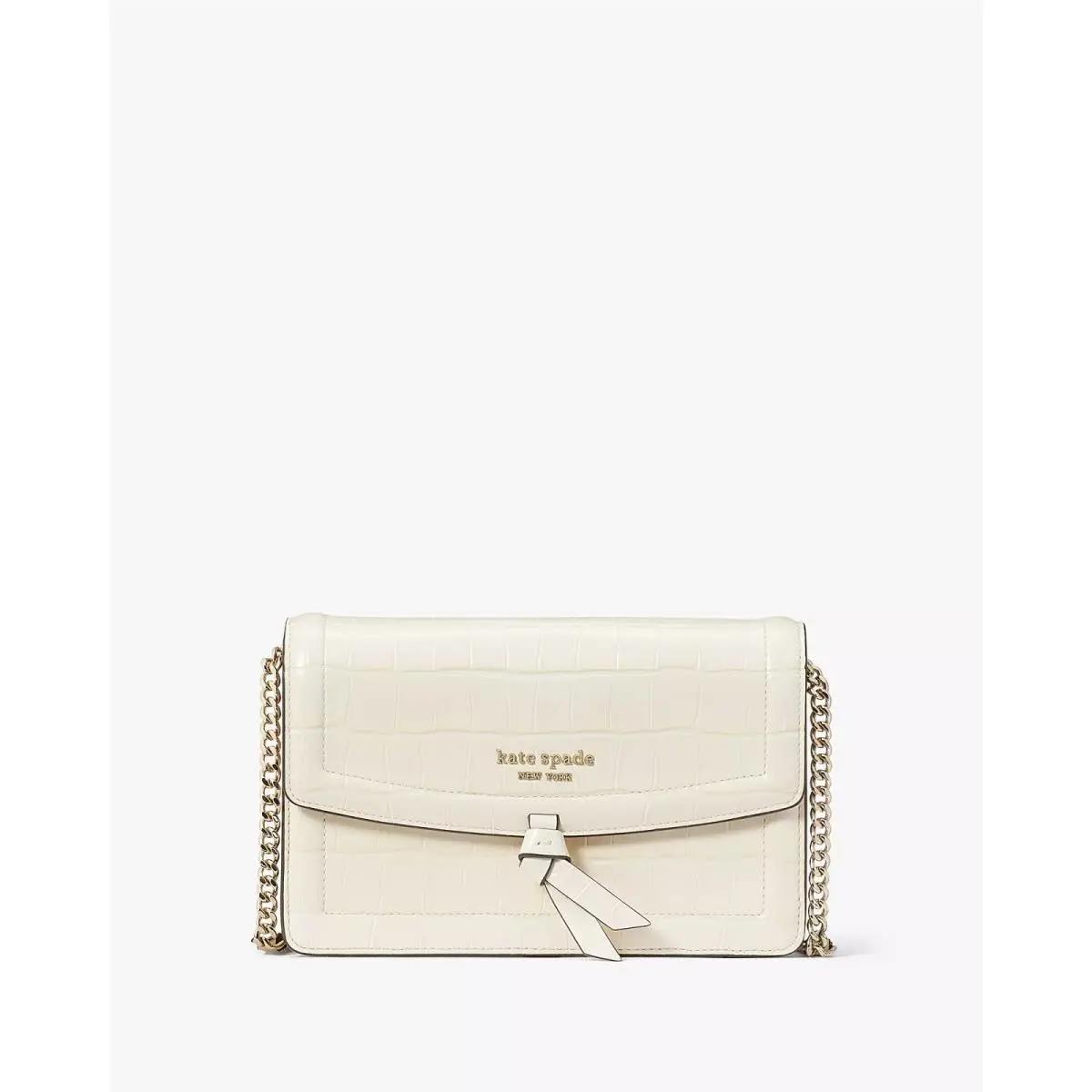 New Kate Spade Knott Croc Embossed Flap Crossbody Halo White Leather$278