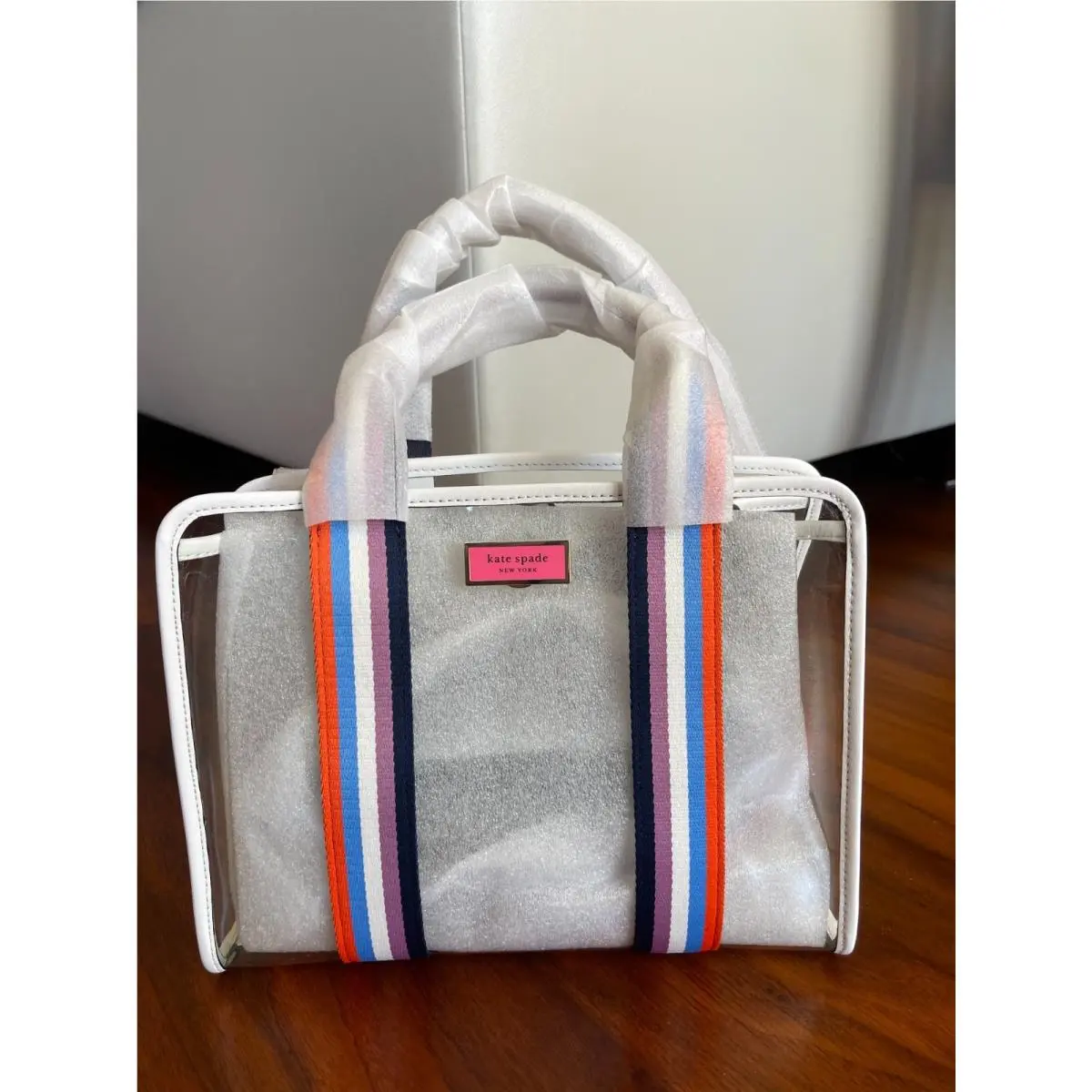 Kate Spade Striped Clear Tote Bag w/ Pouch Satchel Shoulder Bag Purse New