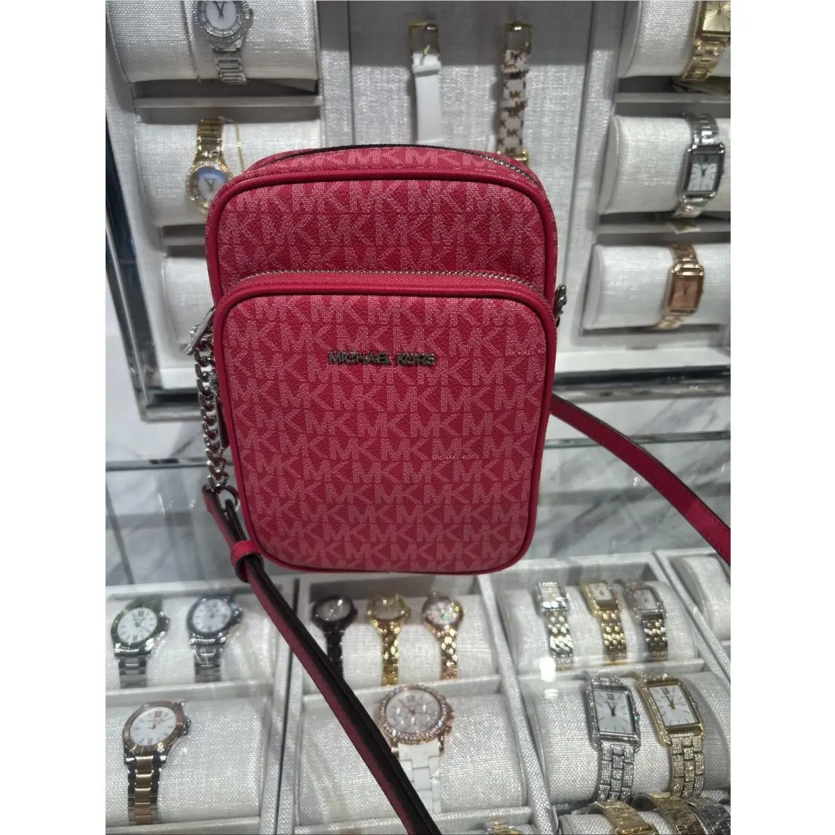 Michael Kors Jet Set Travel Medium Flight Chain Crossbody Bag MK Dark Raspberry