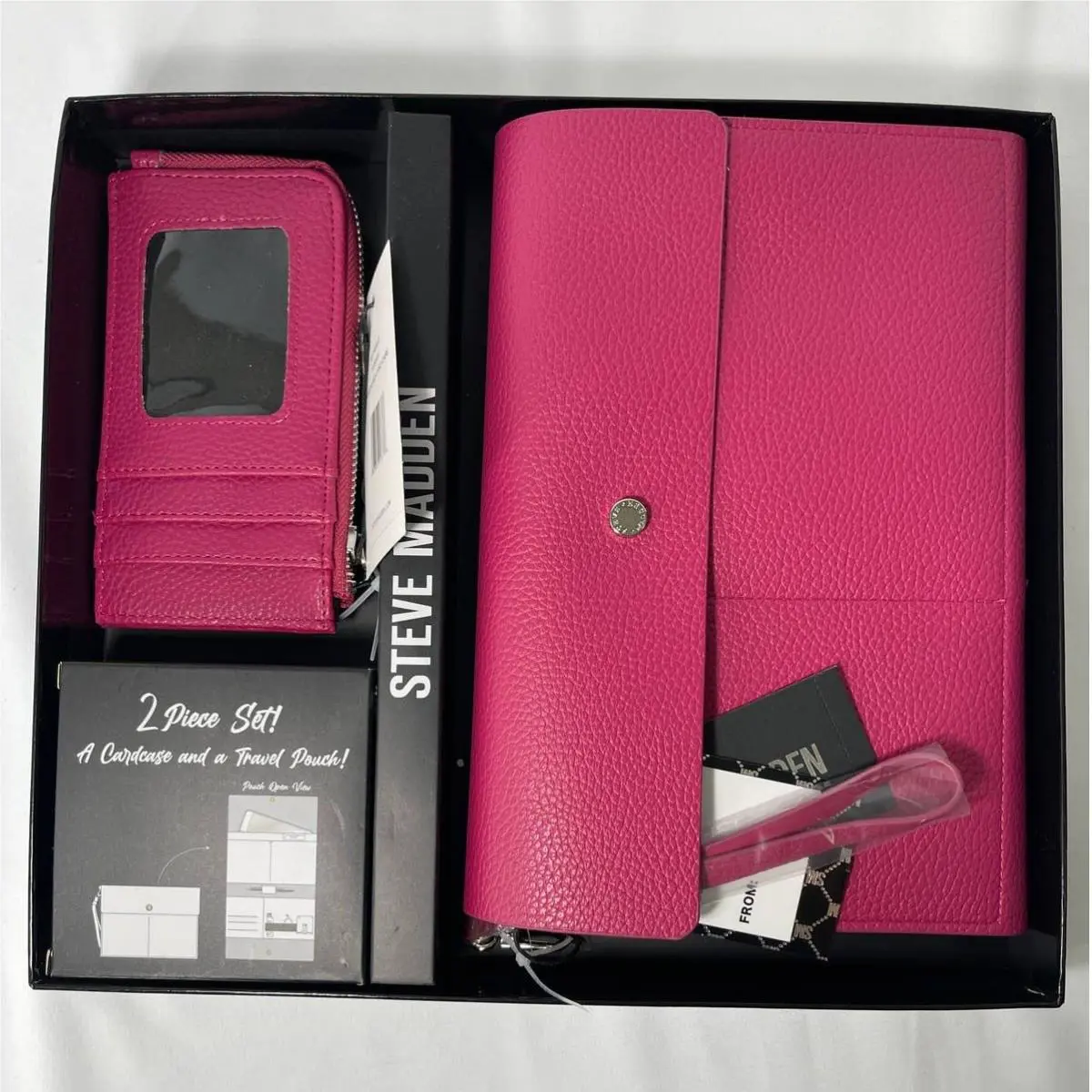 Steve Madden Womens Fuchsia 2 Piece Card Case Travel Pouch Gift Set