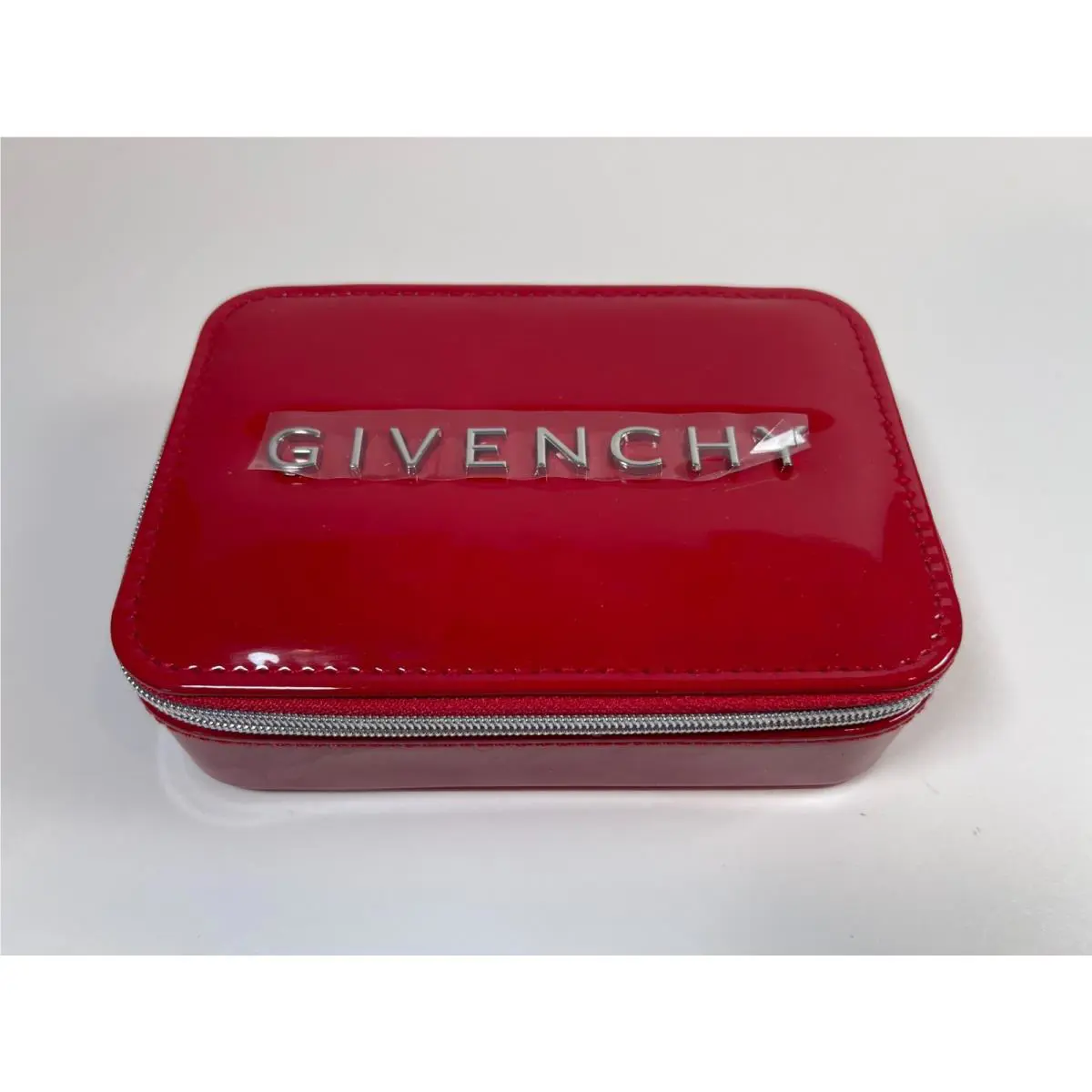 Givenchy Red Shiny Patent Logo Travel Zipper Jewelry Case Box