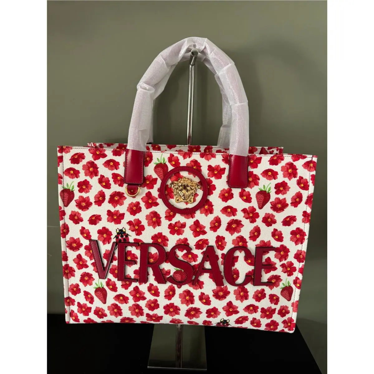 Versace LA Medusa Red Largel Strawberry Fields Tote Canvas Leather Handbag