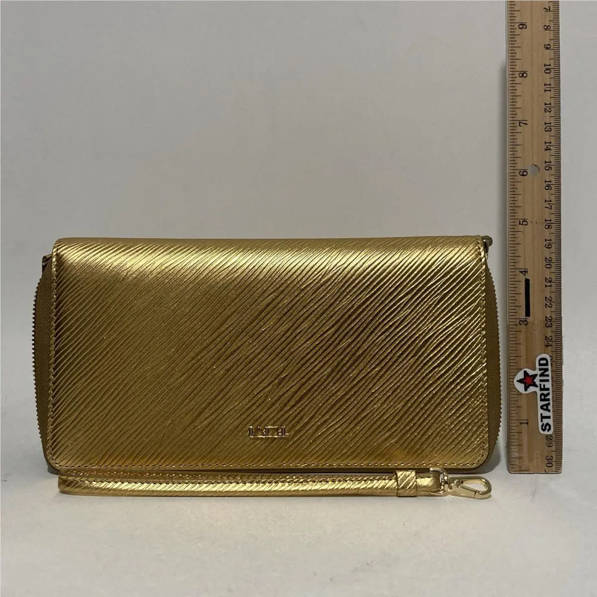 Tumi Belden Travel Leather Wallet Wristlet Strap Gold Metallic Zip Case Passport