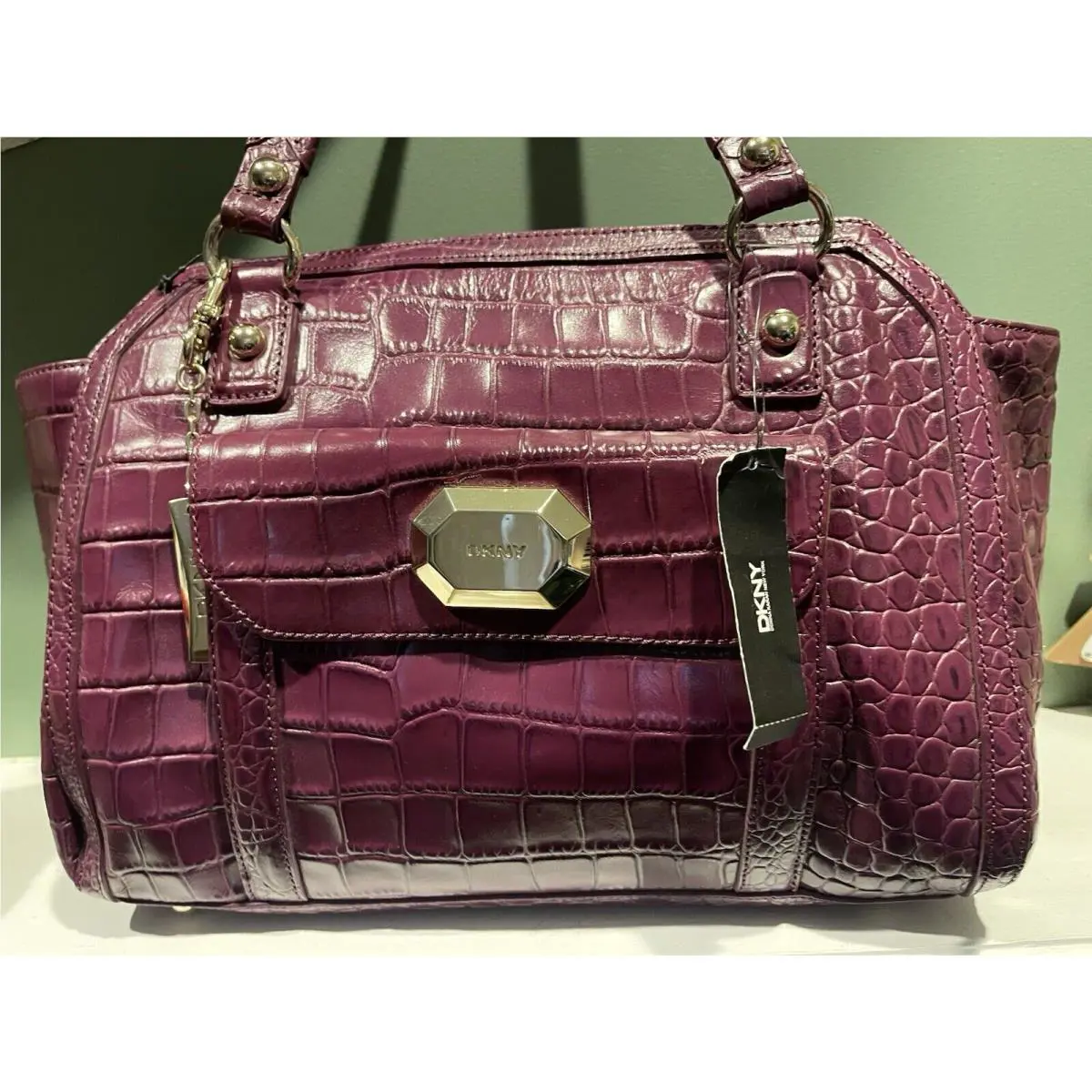 Dkny Purple Croco Leather w Jewel Plaque Womens Purse -msrp