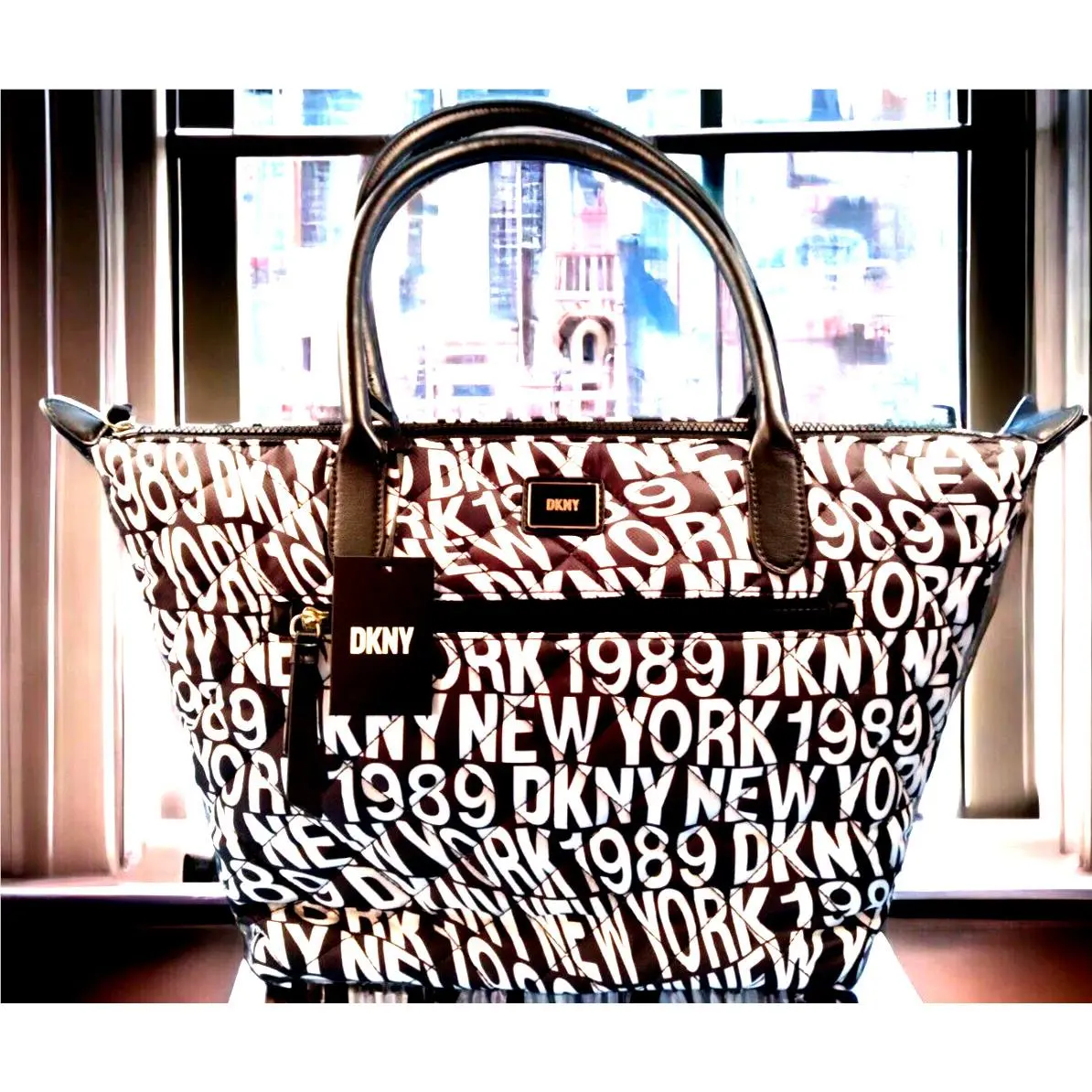 Dkny Womens Lyla Quilted Black White Softshell Zip Large Shopper Tote Gift
