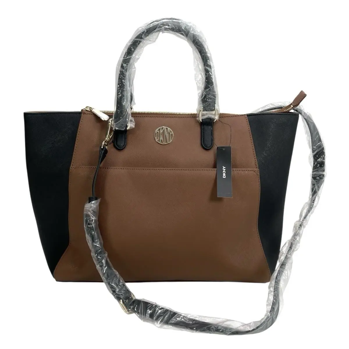 Dkny Brown Black Color Block Cow Leather Large Shoulder Tote Bag Gold Logo by DKNY