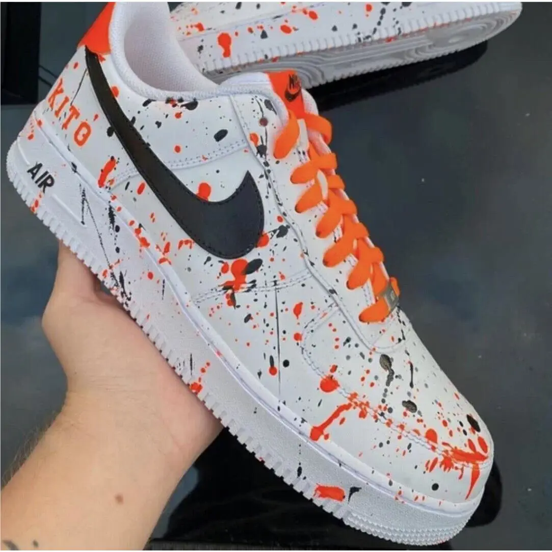Nike Air Force 1 Custom Neon Orange Laces Black Swoosh White Shoes Mens Womens