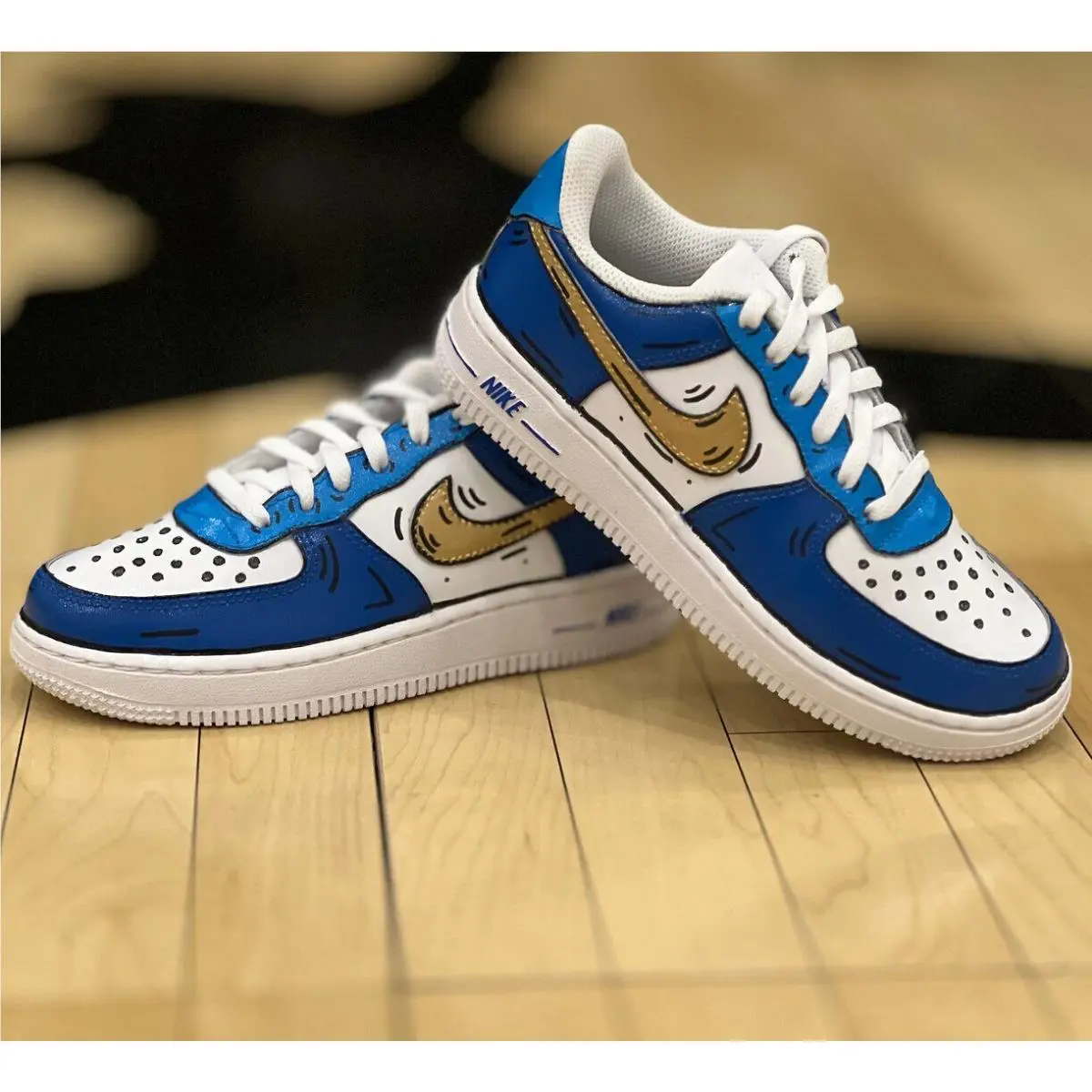 Nike Air Force 1 Custom Shoes Cartoon Retro Comic Graffiti Art Blue Gold White Black