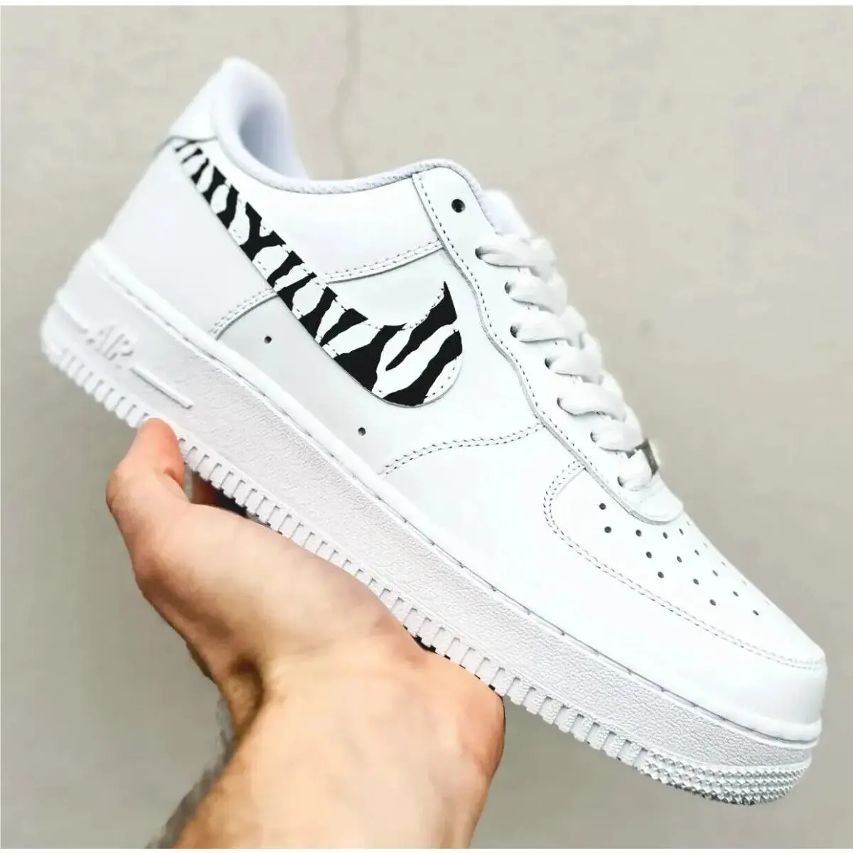 Nike Air Force 1 Custom White Shoes Black Animal Zebra Print Stripe Bold Safari Style