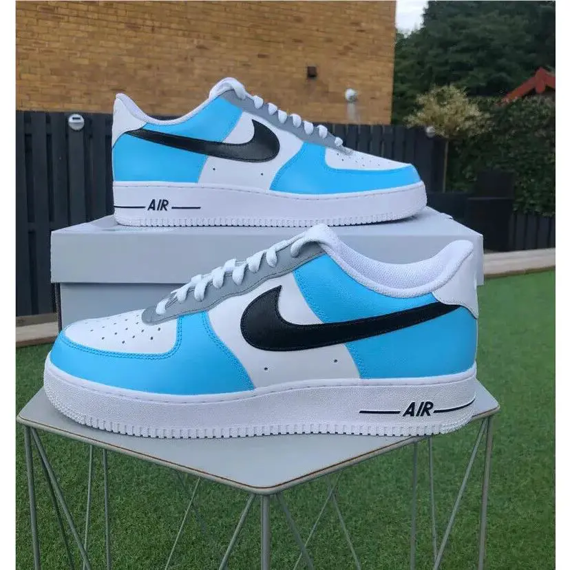 Nike Air Force 1 Custom Streetwear White Pale Blue Black Shoes Art Mens Womens