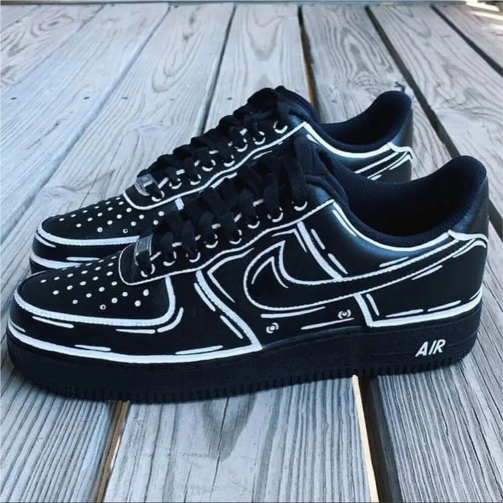 Nike Air Force 1 Custom Casual Black Shoes Bold White Chalk Retro Graffiti Outline
