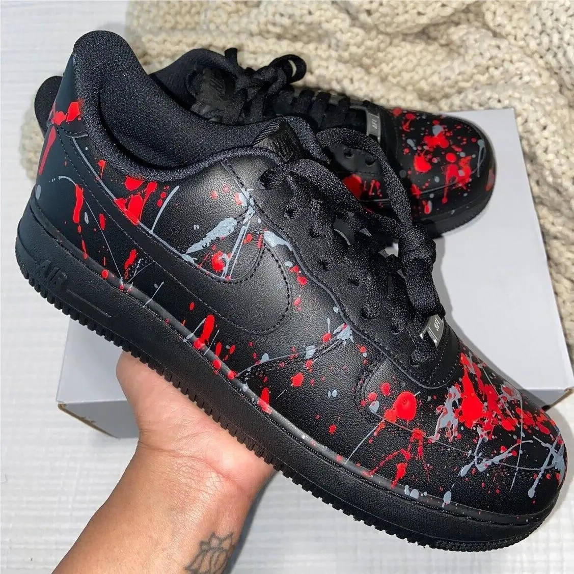 Nike Air Force 1 Custom Black Shoes Red Splatter Sneaker Art Mens Kids Womens
