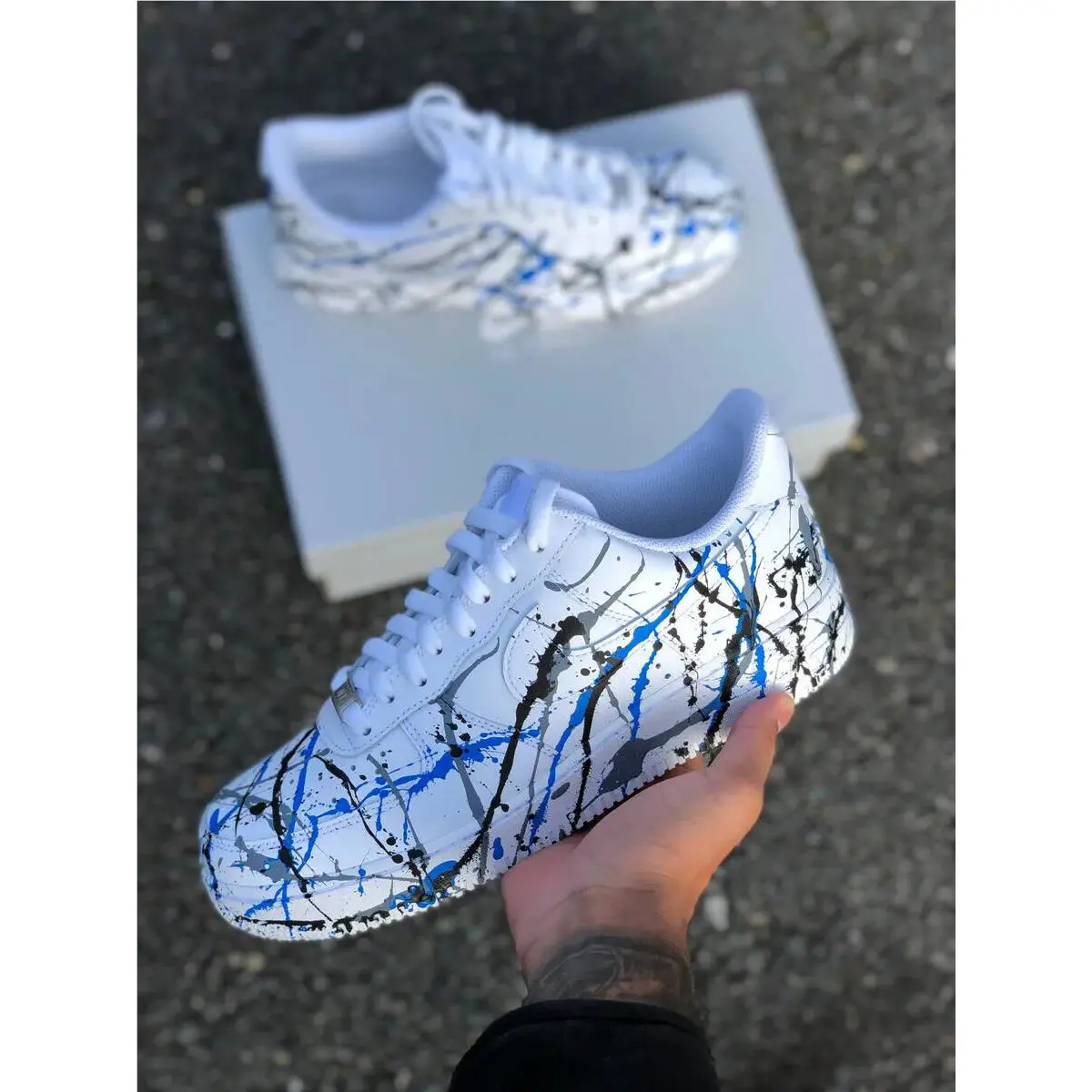 Nike Air Force 1 Low Custom White Casual Shoes Gray Blue Black Splatter Effect Mens