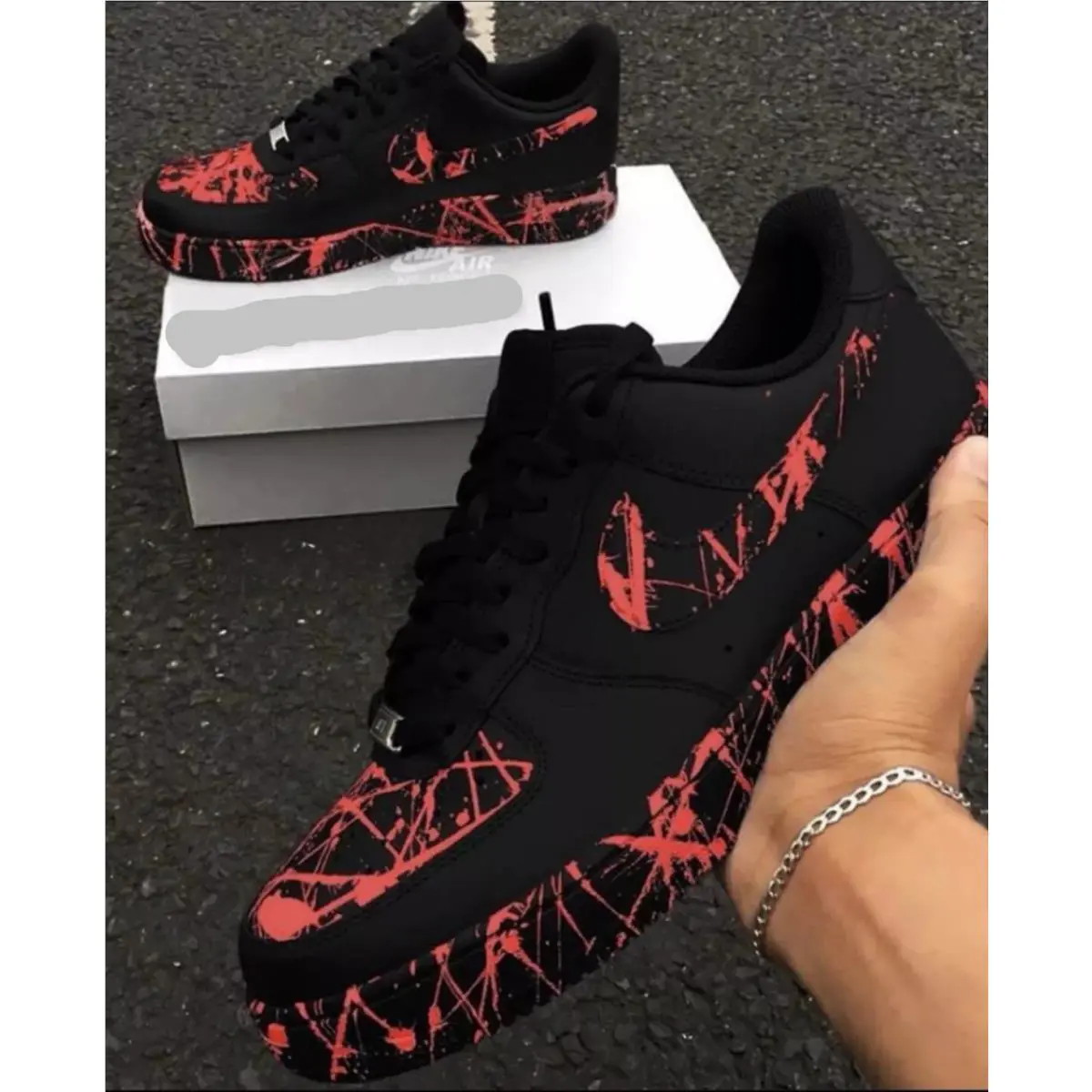 Nike Air Force 1 Custom Casual Black Shoes Retro Fiery Infrared Red Splatter Design