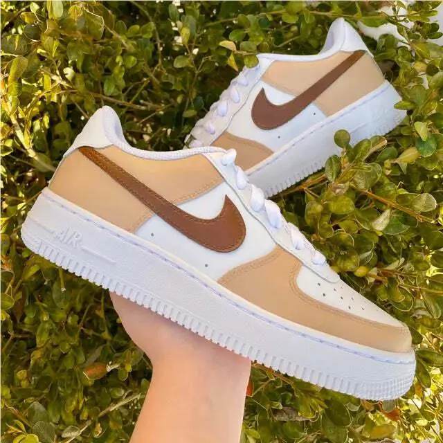 Nike Air Force 1 Custom Brown Tan Two Tone Casual Shoes Mens Womens Kids Beige