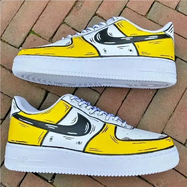 Nike Air Force 1 Custom Cartoon Yellow Shoes White Black Outline Mens Womens Kids