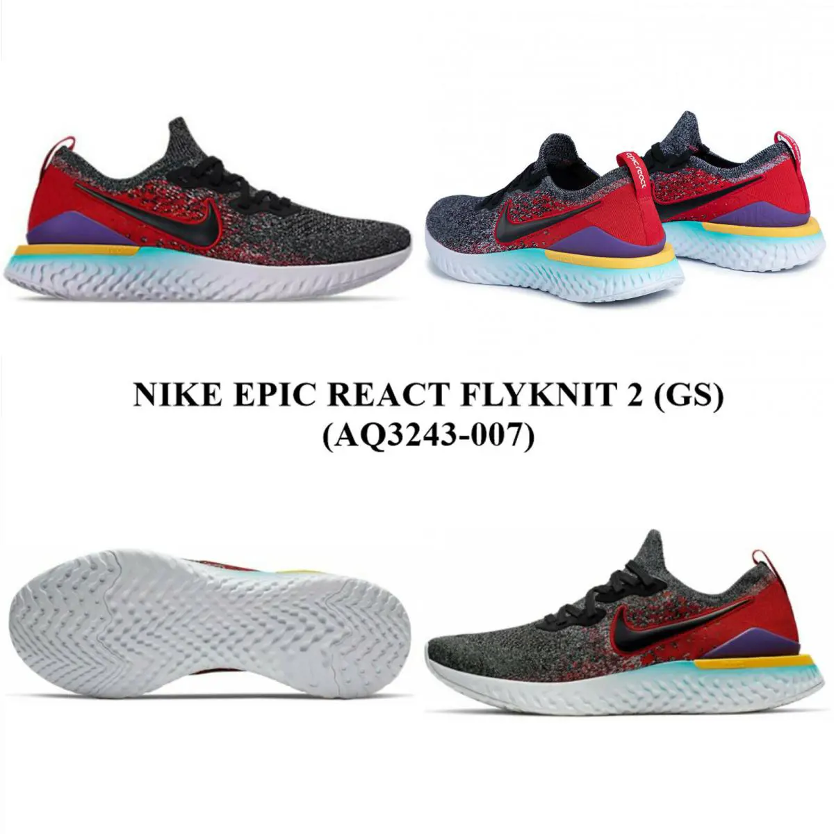 Nike Epic React Flyknit 2 GS AQ3243 - 007 Unisex Running Shoes NO Lid - BLACK/BLACK-HYPER JADE