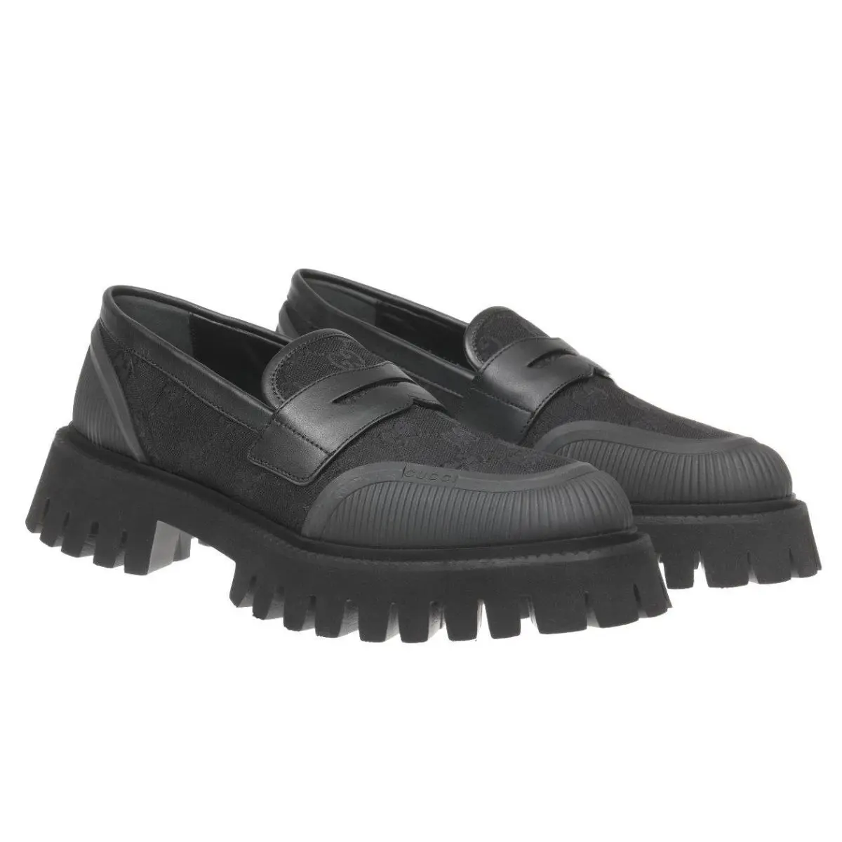 Gucci Men`s Luxury Black GG Guccissima Canvas Lug Sole Loafer Shoes 7.5/8 - Black