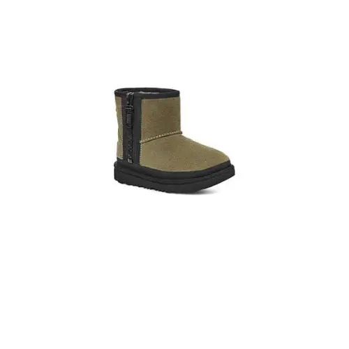 Ugg Classic Mini Zipper Tape Logo Boots Kids 3 Olive Suede Ankle Bootie JOBB764 - Green