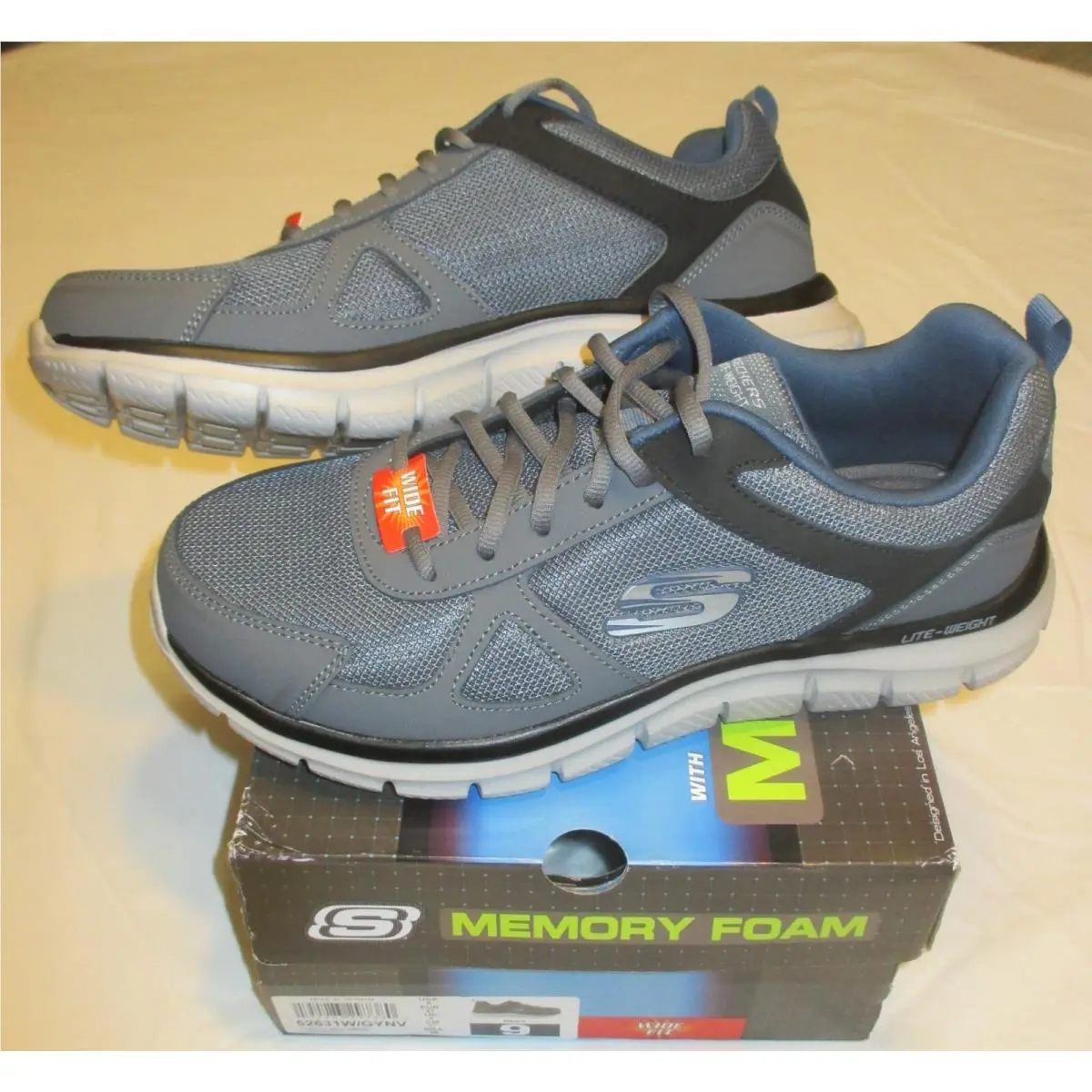 Skechers Mens Sz 9 Wide Track Scloric Oxford Gray/navy Lite Wt Memory Foam