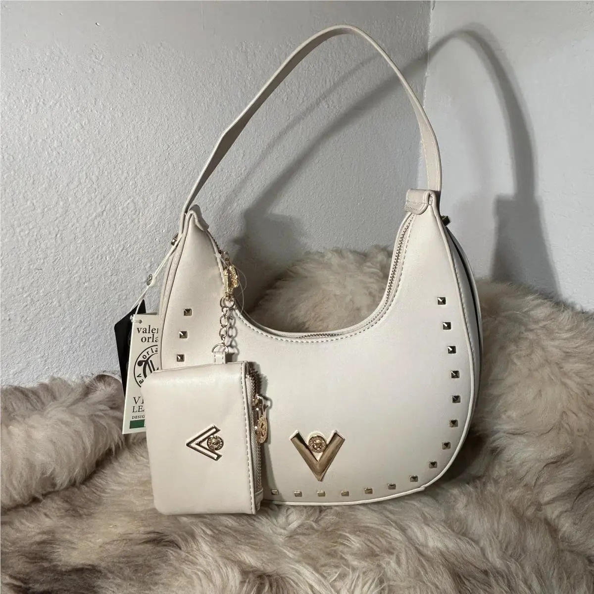 Valentino Orlandi Studded Shoulder Bag - Taupe with Gold with Zip Pouch