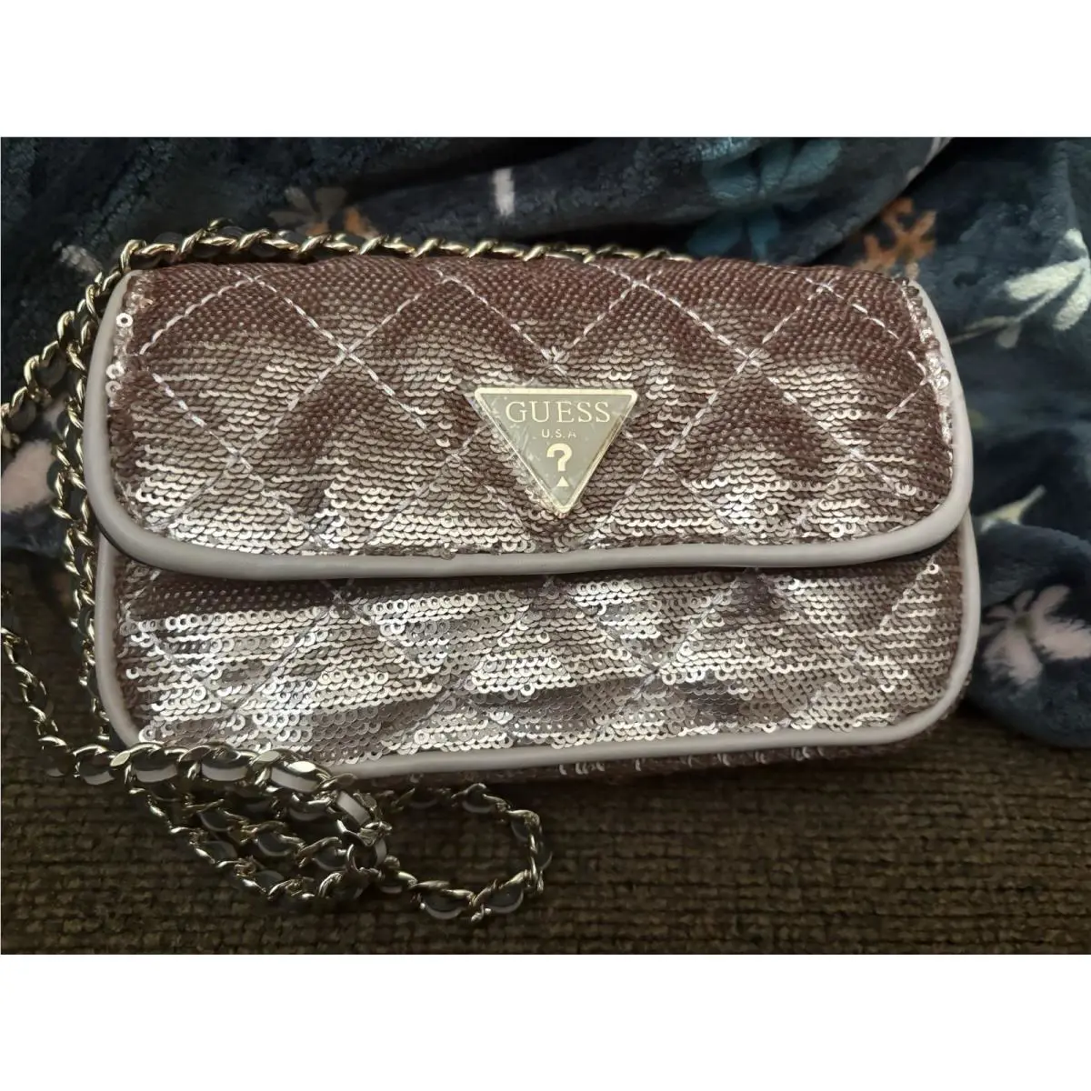 Guess Cessily Womens Small Crossbody Bag with Sequins Beige
