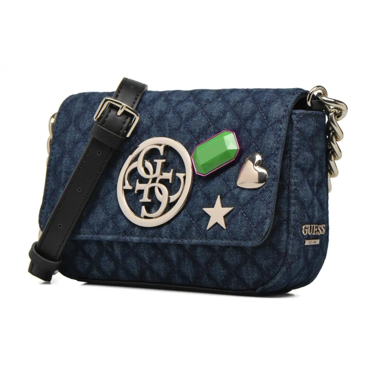 Guess Women`s G Lux Denim Quilted Heart Star Rhinestone Crossbody Bag Handbag
