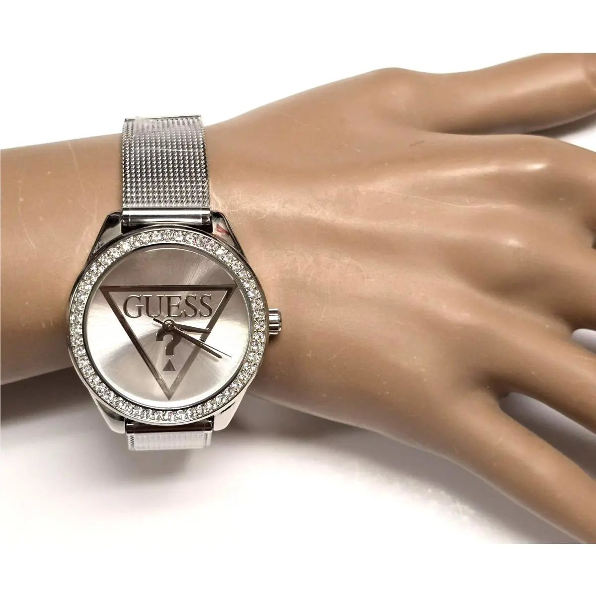Guess Silver Tone S/s Symbol Signature Dial Crystals Mesh Band Watch U1384L1