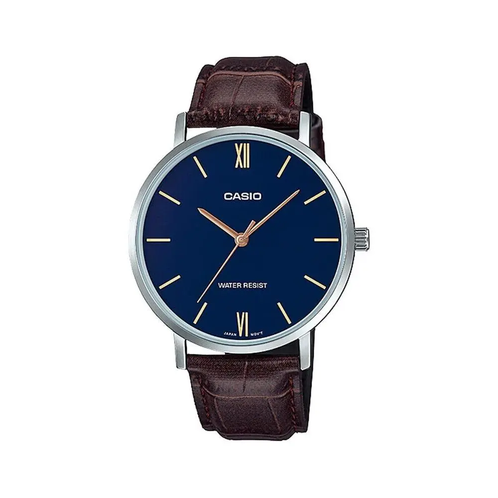 Casio MTP-VT01L-2B Men`s Minimalistic Blue Dial Brown Leather Band Analog Watch - Dial: Blue, Band: Brown