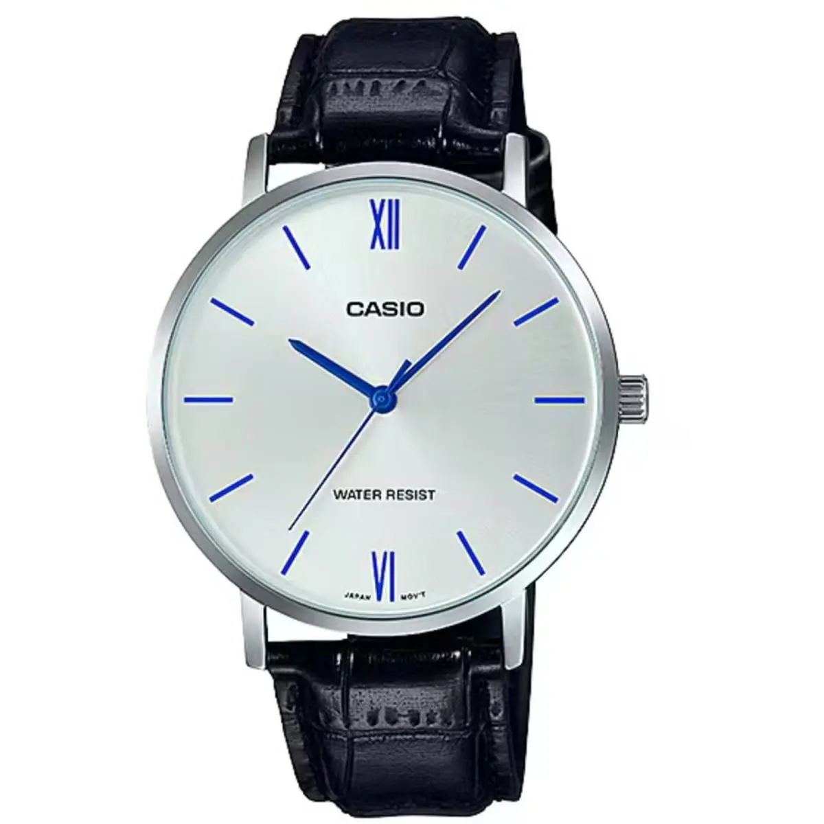 Casio MTP-VT01L-7B1 Men`s Minimalistic Silver Dial Brown Leather Band Watch - Dial: Silver, Band: Black, Bezel: Silver