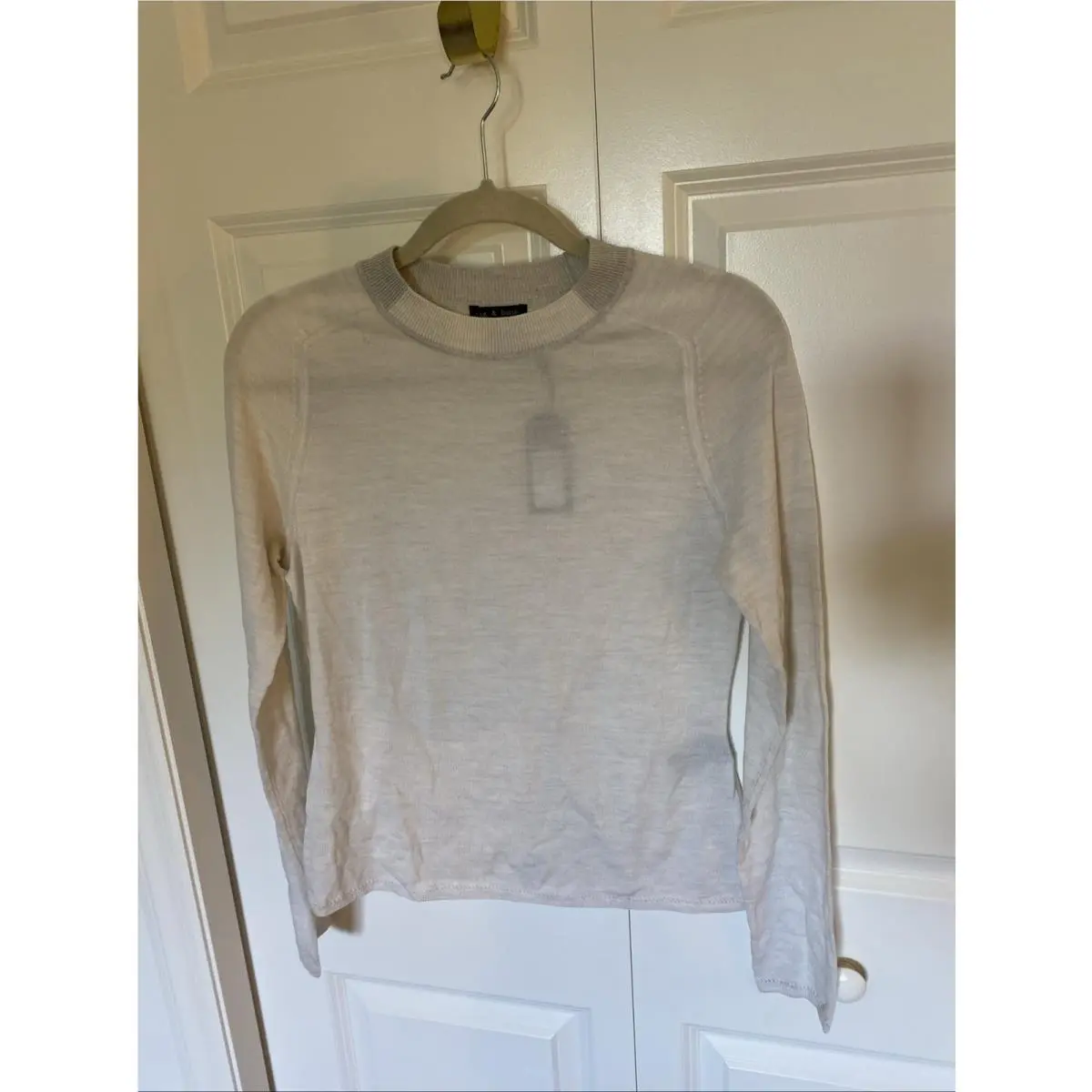 Women’s S Rag Bone Crew Lightweight Sweater Merino Wool Ivory Grey Sz L