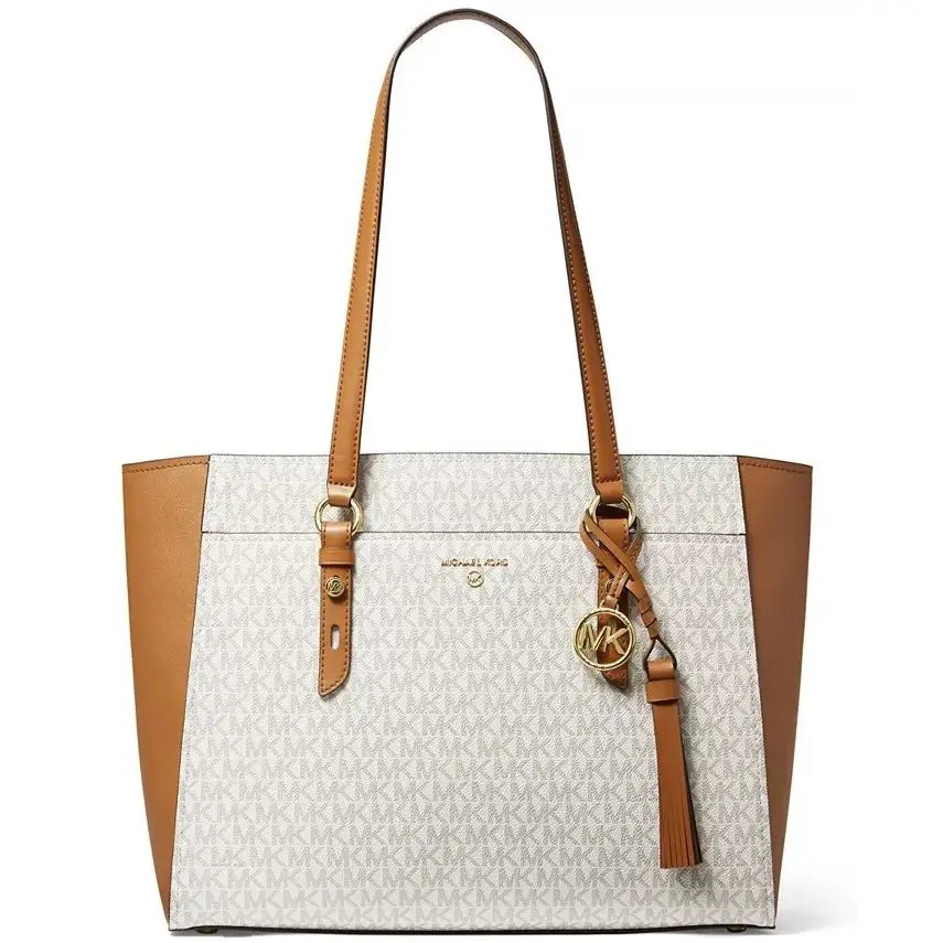 Michael Kors Women`s Nomad Large Multi Function Top Zip Tote Vanilla/acorn - Handle/Strap: Brown, Hardware: Gold, Exterior: Vanilla