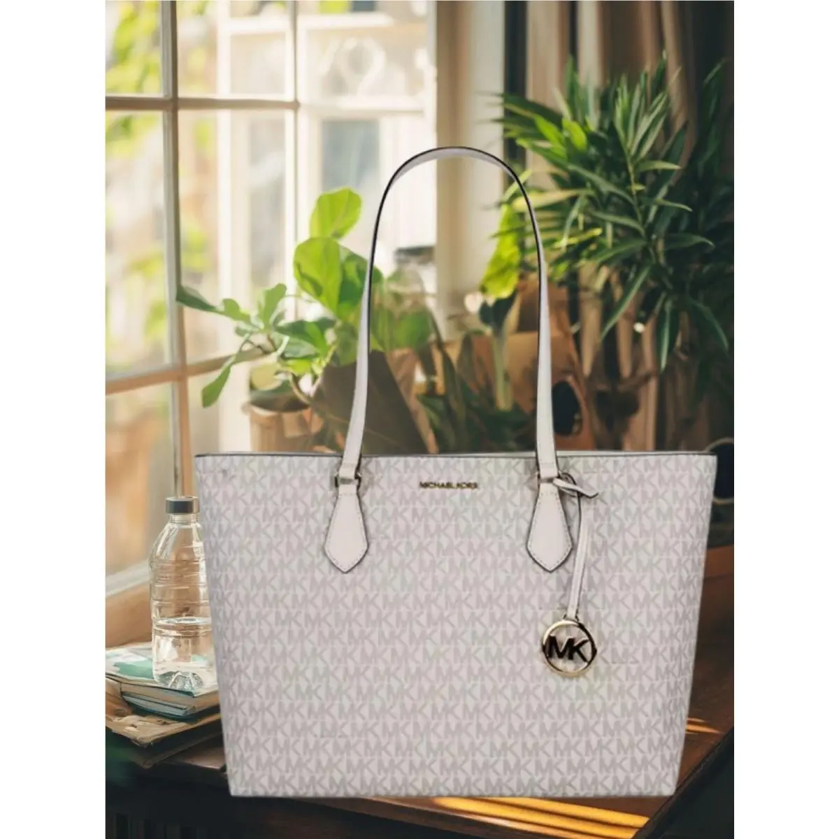 Sheila Women Large Signature Logo Shoulder Tote Bag Optic White by Michael Kors