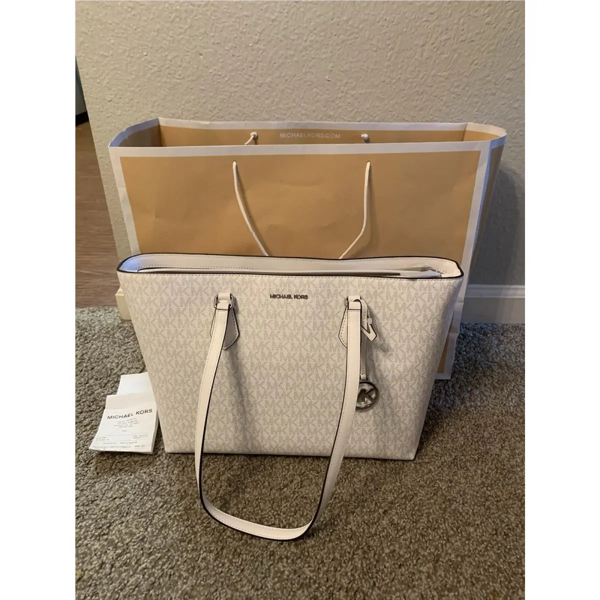 Michael Kors Sheila Large Shoulder Tote Bag Optic White W/receipt/gift Bag