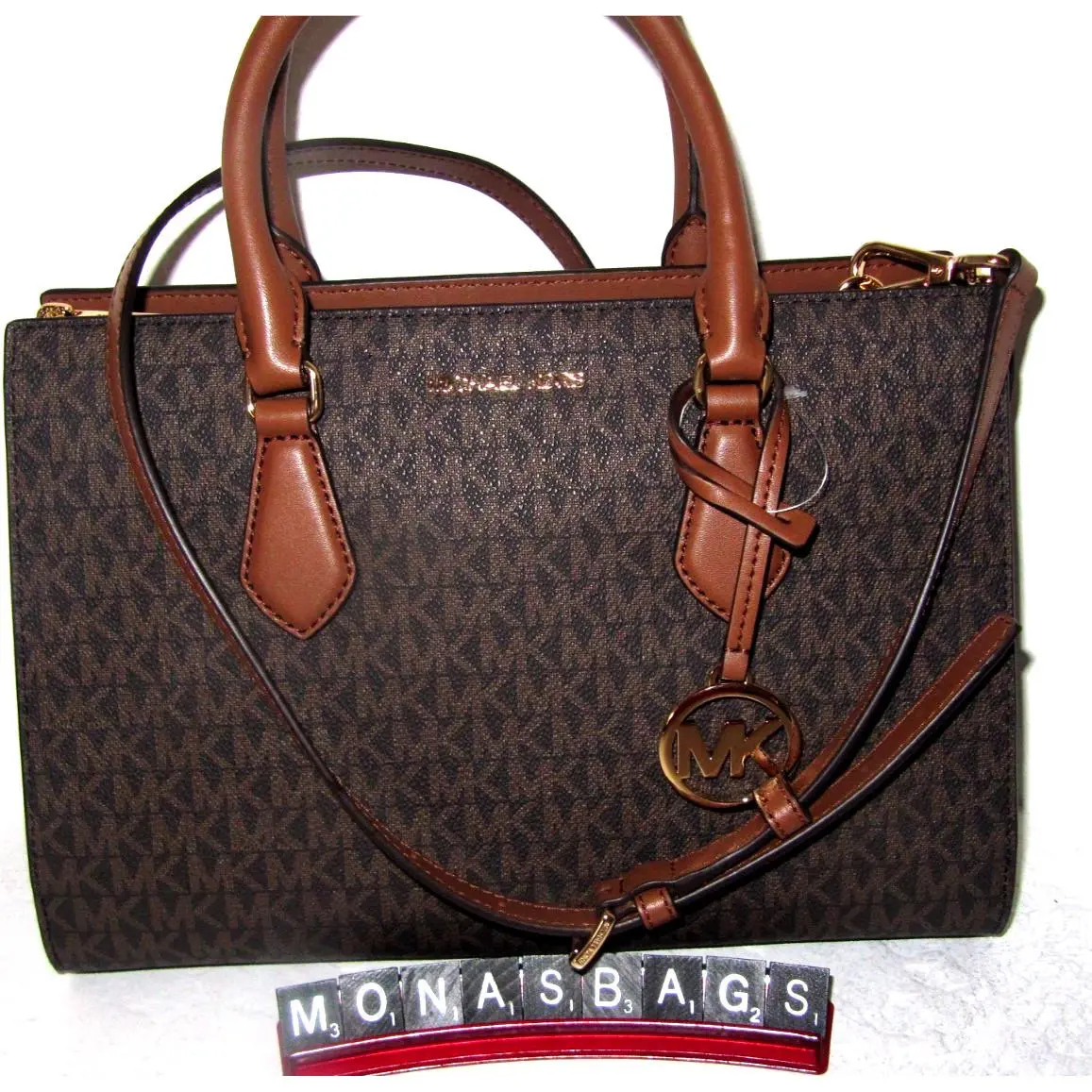 Michael Kors Sheila Medium Corner Zip Brown Signature Logo Satchel