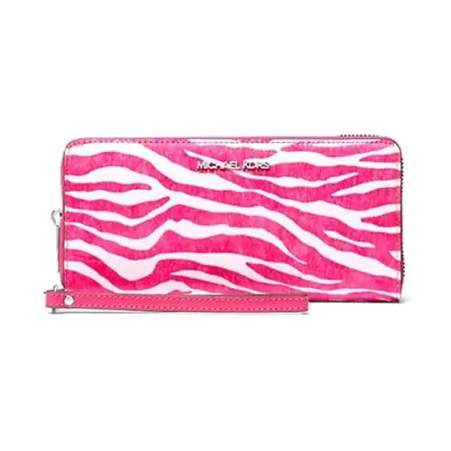 Michael Kors Pink White Zebra Print Calf Hair Leather Wristlet Continent Wallet