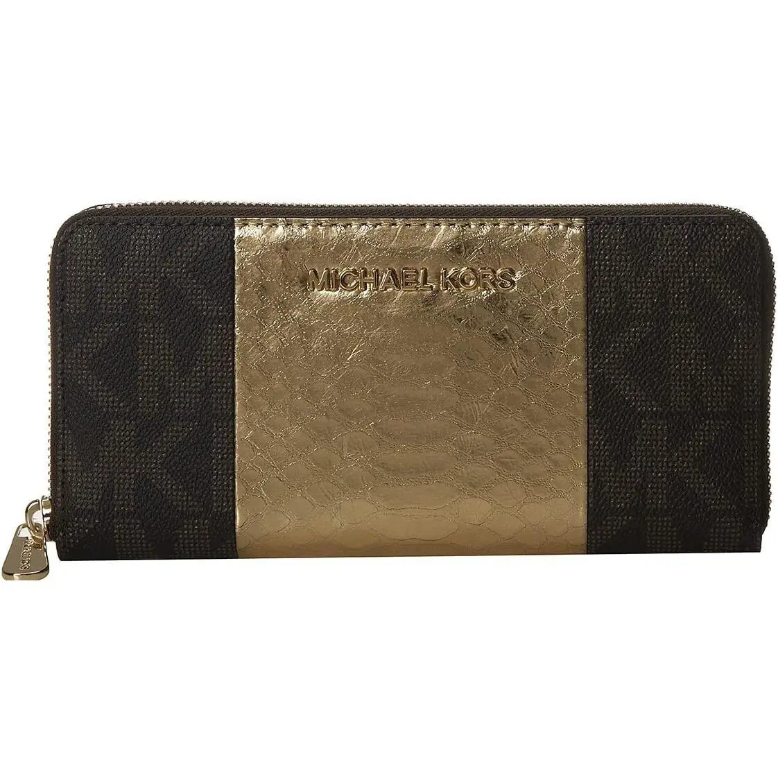 Michael Kors Brown Monogram Gold Center Stripe Python Zip Around Continental Wal