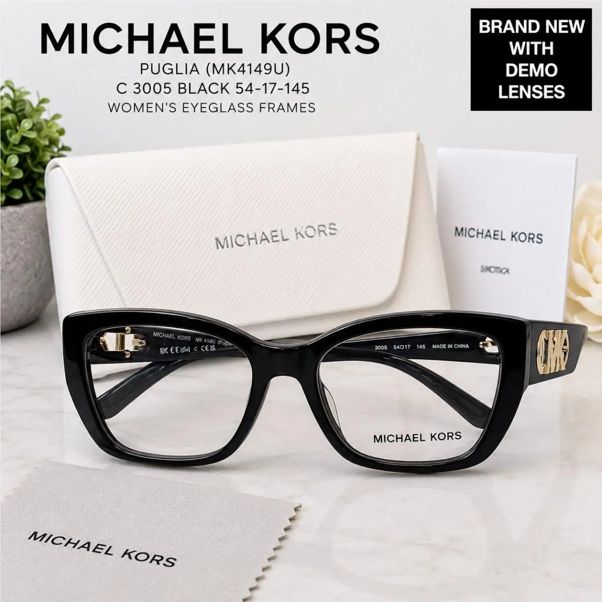 Michael Kors Puglia MK 4149U 3005 Black Plastic Rectangle Eyeglasses 52mm