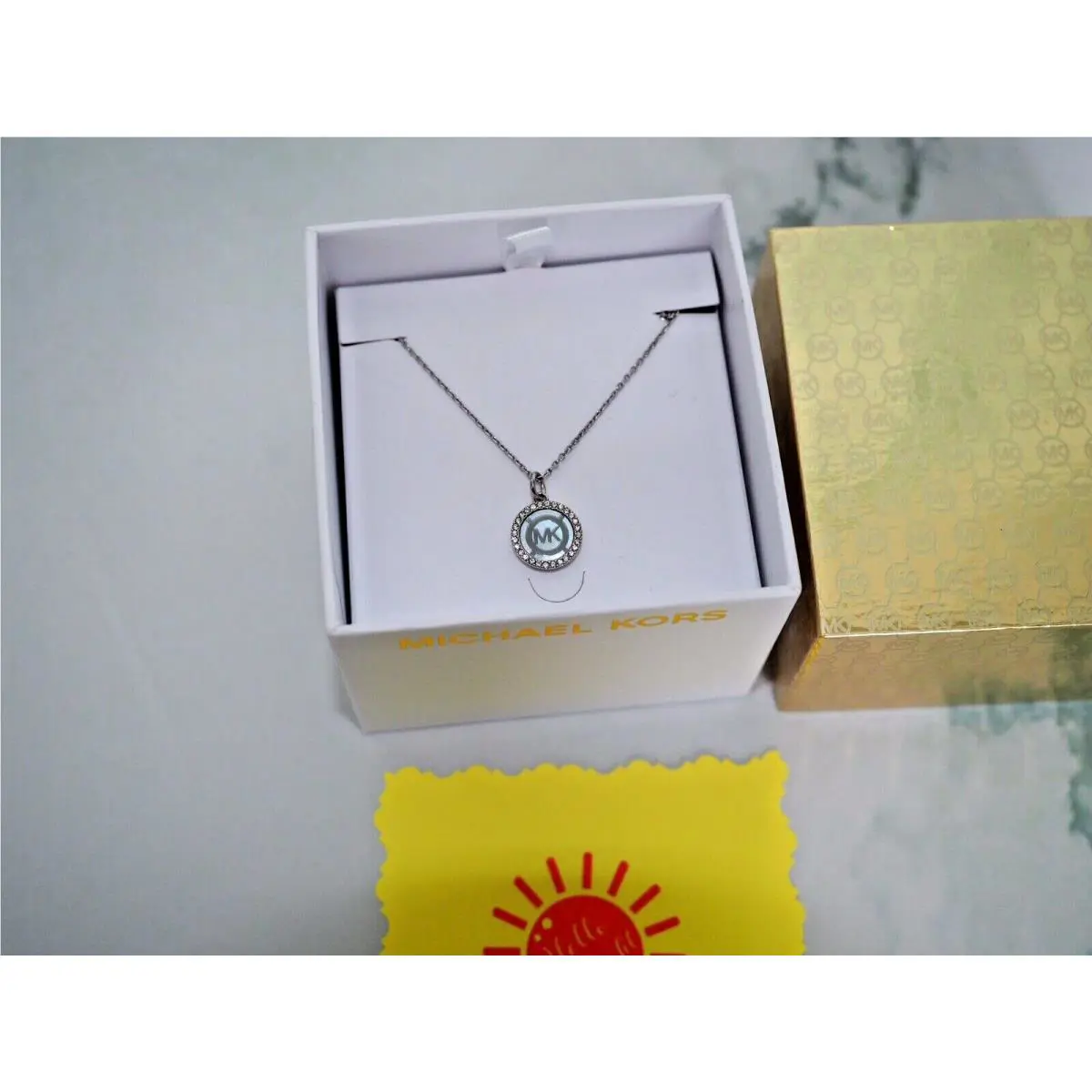 Michael Kors Iconic Cut-out MK Logo w/ Crystals Pendant Necklace Silver Tg