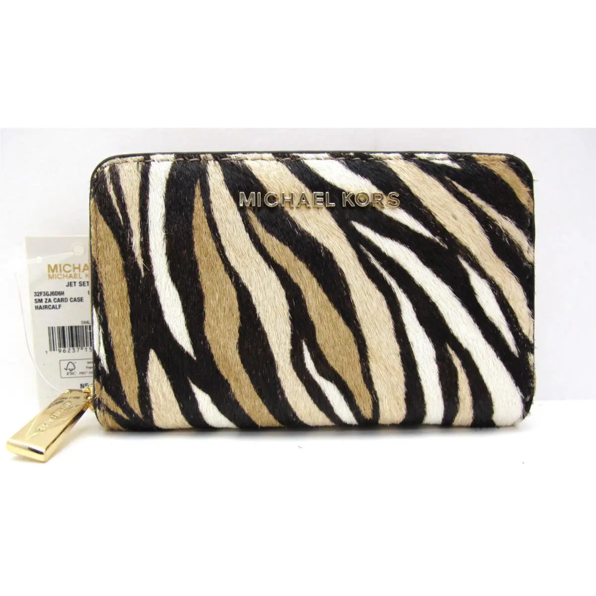 Michael Kors Jet Set Small Zip Around Card Case Haircalf Leather Camel Multi
