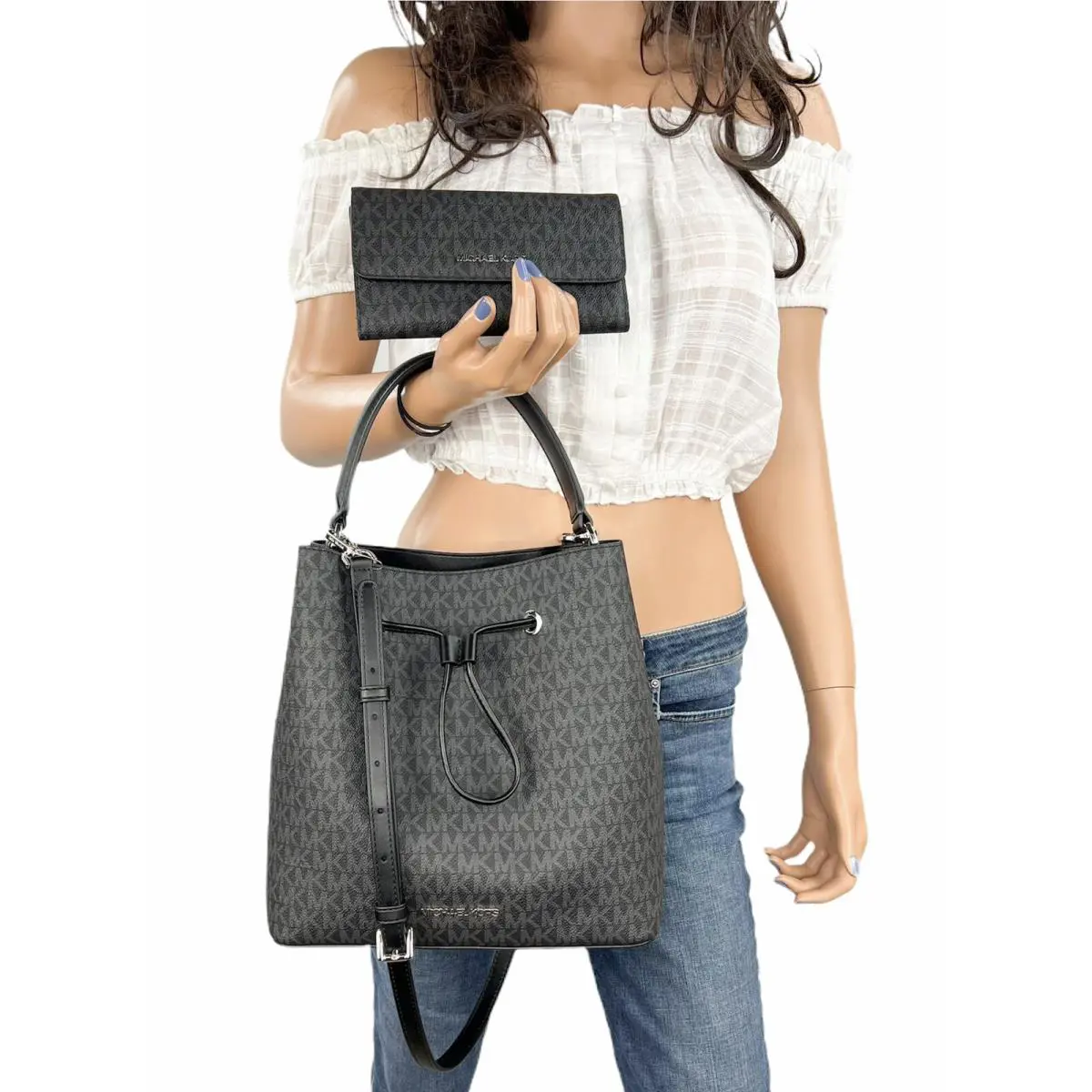 Michael Kors Suri Large Bucket Messenger Bag + Trifold Wallet MK Signature Black