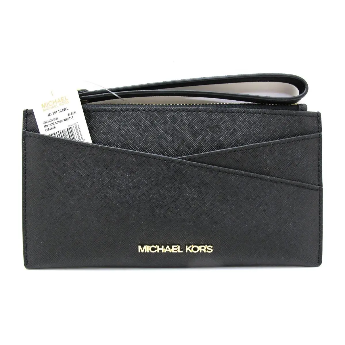 Auth. Michael Kors Jet Set Travel MD Slim Crossgrain Leather Wristlet Black