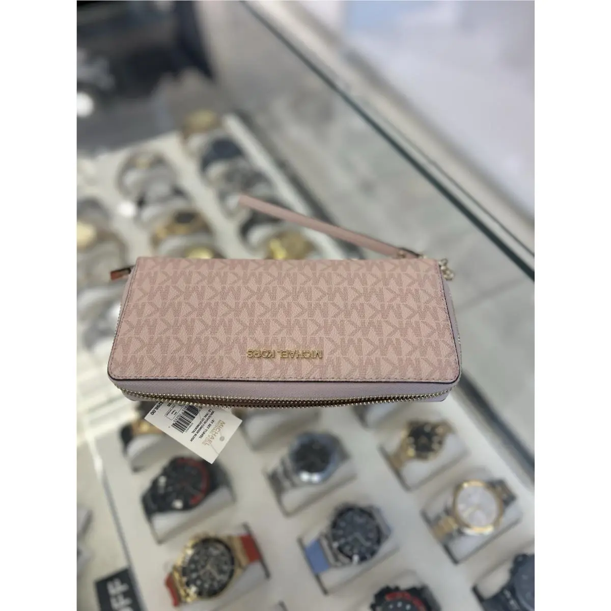 Michael Kors Women Clutch Long Wallet Wristlet Pink MK Signature Phone Holder