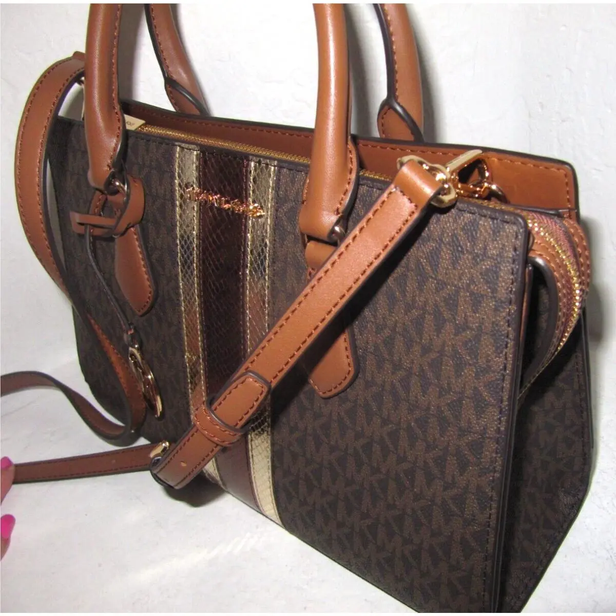 Michael Kors Sheila Medium Brown Signature Logo Gold Metallic Satchel