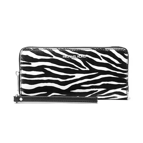 Michael Kors Black White Zebra Print Calf Hair Leather Wristlet Continent Wallet