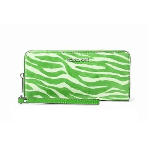Michael Kors Green White Zebra Print Calf Hair Leather Wristlet Continent Wallet