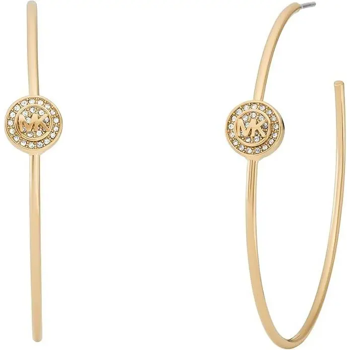 Michael Kors Gold Tone Pave CZ Crystal Logo Signature Hoop Earrings - MKJ8172