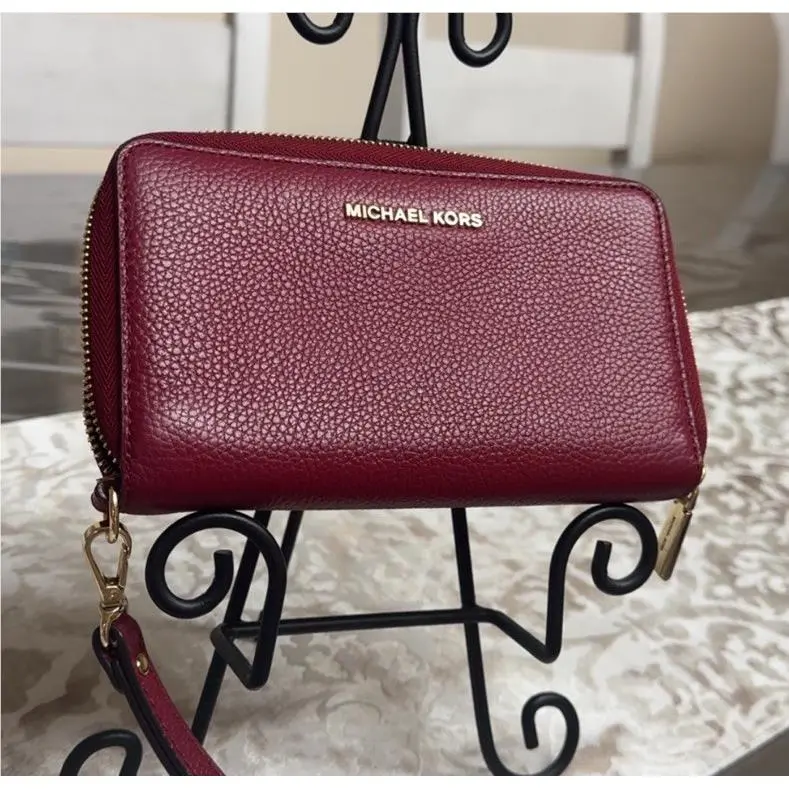Michael Kors Large Pebbled Leather Phone Wristlet Wallet Ox Red