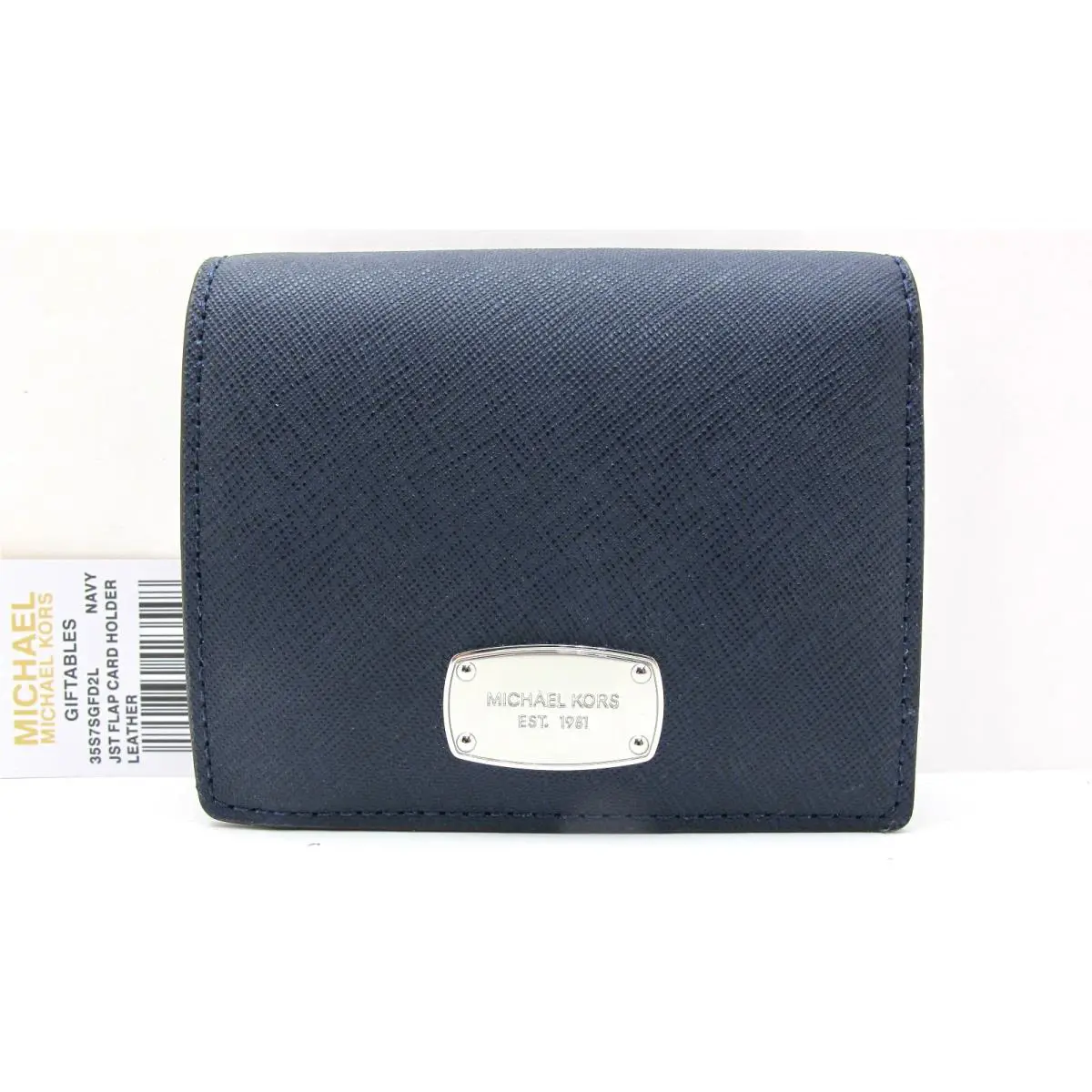 Michael Kors Jet Set Flap Card Holder Leather Snap Wallet Navy/sil