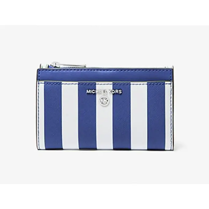 Michael Kors Cobalt Blue White Striped Print Jet Set Charm Card Case Wallet